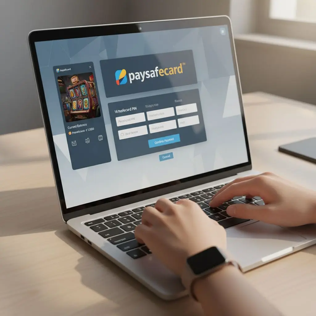 Uživatelské rozhraní online casina při vkládání Paysafecard PIN, detail klávesnice a obrazovky